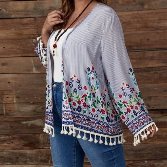 Emery Rose Floral Kimono Open Cardigan Boho Beach Tassels, size 2XL (runs small) - Picture 3 of 14